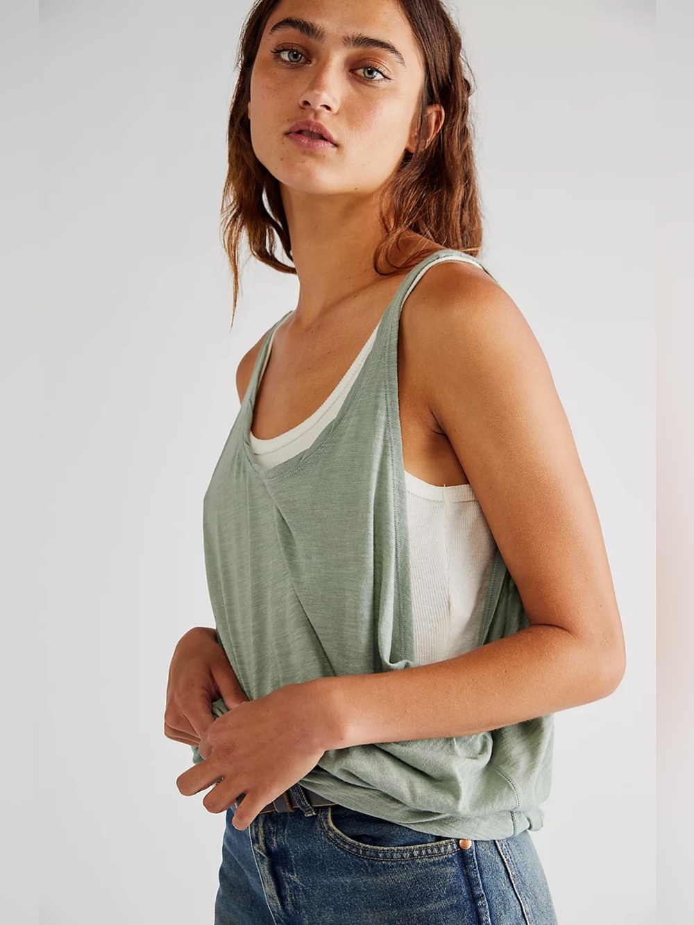 NWOT We the Free People Pearl Tank Relaxed Fit Heathered Army Green Sz XS - Picture 2 of 4